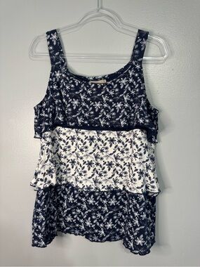 Allyson Whitmore Navy White Floral Tiered Tank Top Sleeveless Boho Size L